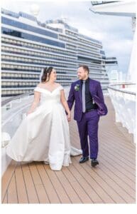 Danielle and James walking hand in hand during their wedding portraits aboard the Disney Wish Cruise ship.