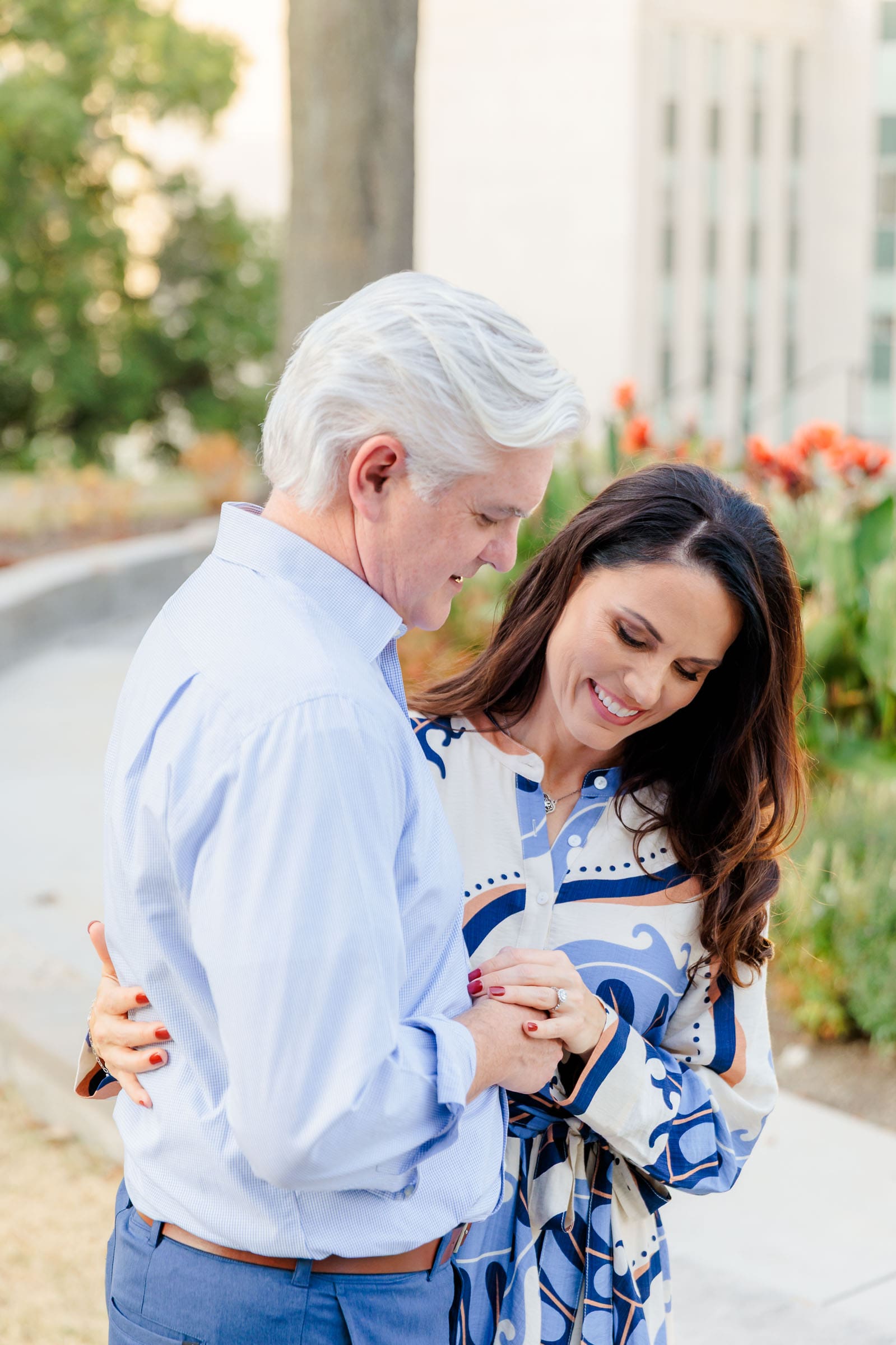 Romantic portrait of an engaged couple in Downtown Nashville