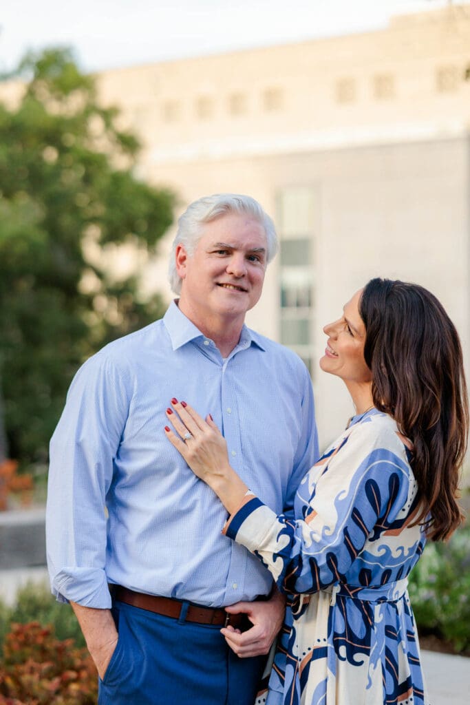 Michael and Sarah standing together beneath the trees in Downtown Nashville