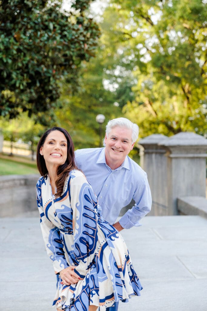 Engaged couple sharing a playful moment in Nashville