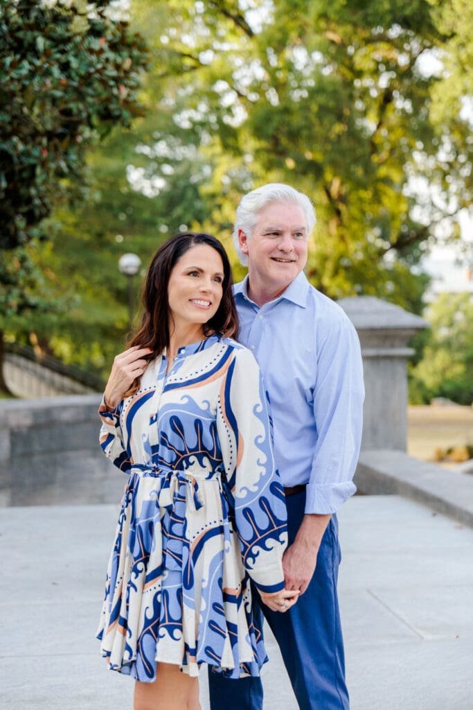 Sarah and Michael embracing during their Downtown Nashville photo session