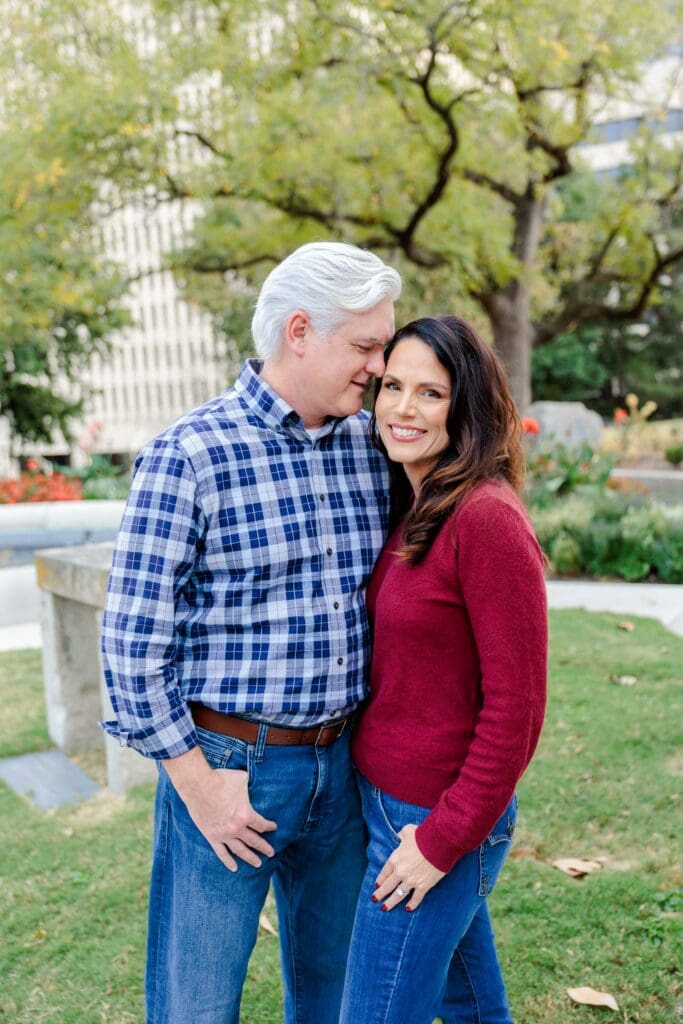 Engaged couple sharing a close portrait in Downtown Nashville