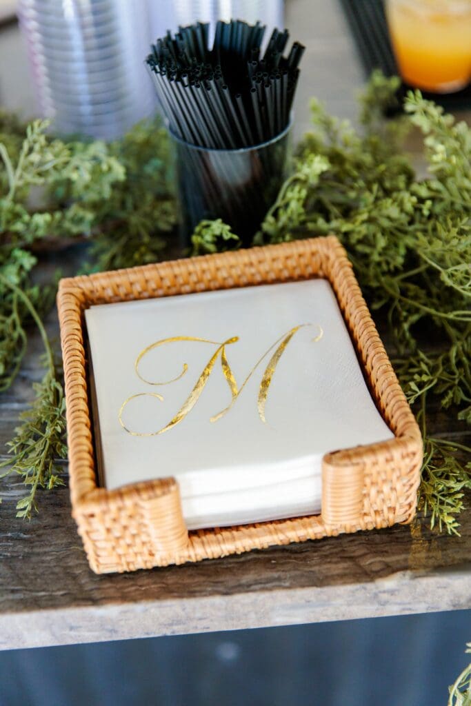 Monogrammed napkins on coffee bar