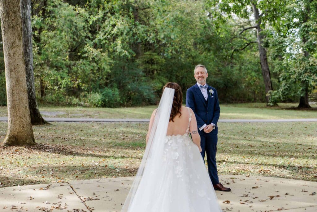 First look with bride and groom at Iriswoods wedding venue in Mt. Juliet, TN