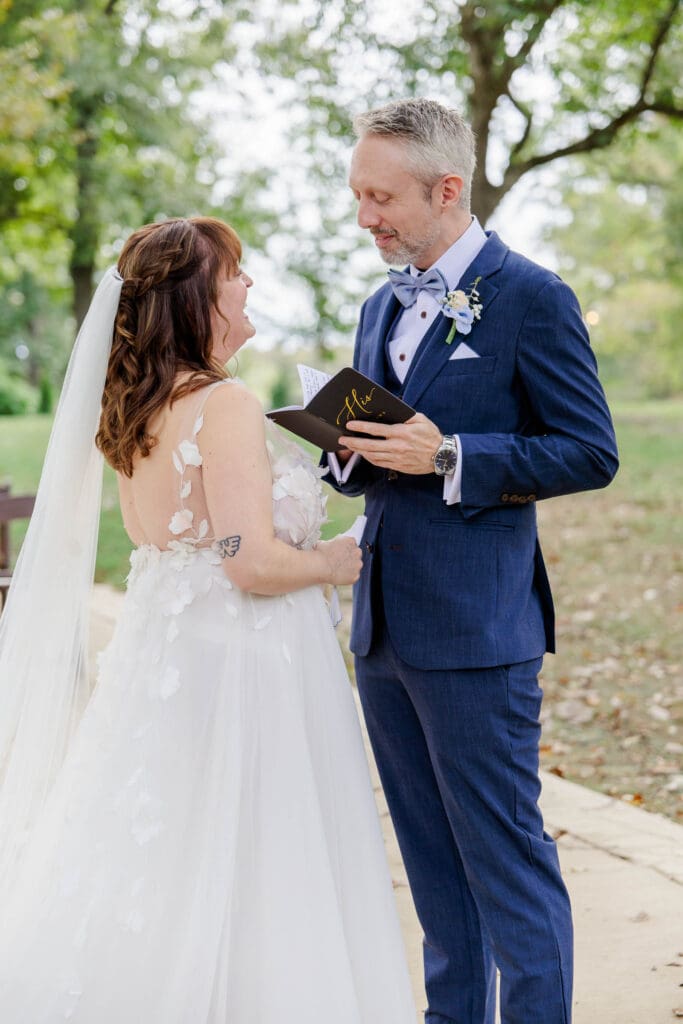 Groom private vows at Iriswoods wedding venue