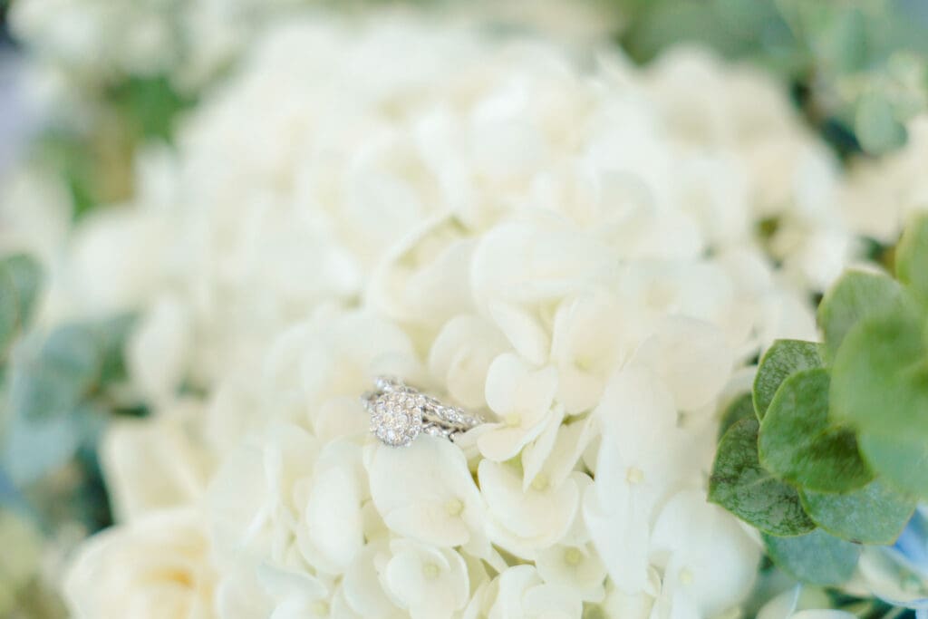 Wedding ring in white hydrangeas at Jubilee Woods