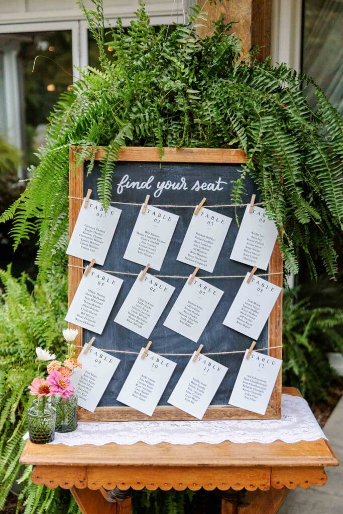 Seating chart for wedding reception at Iriswoods Wedding and Events