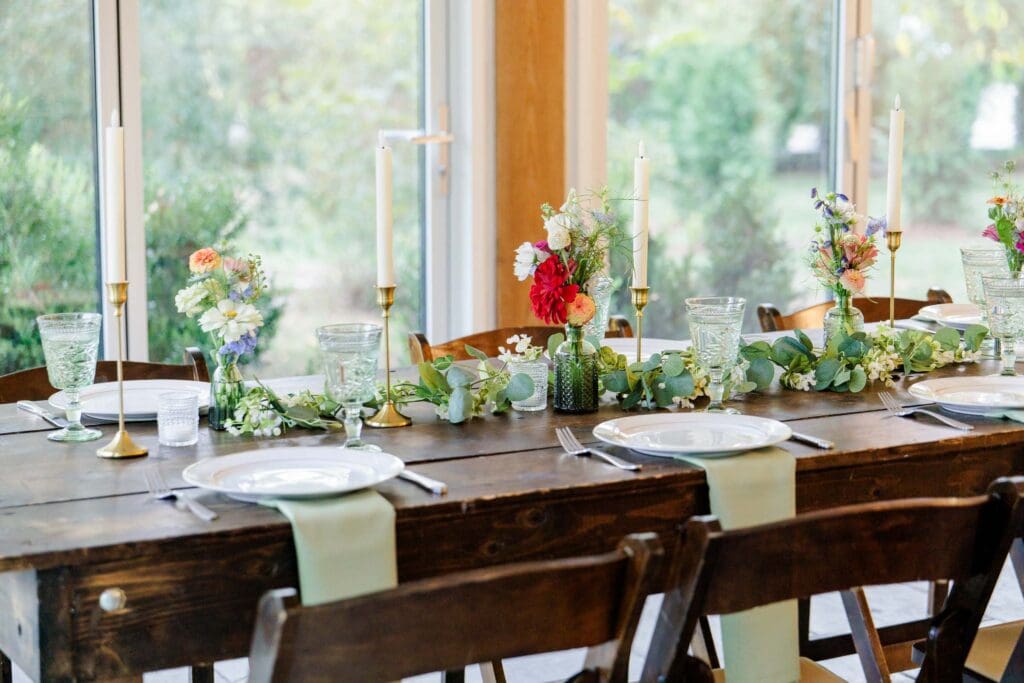 Beautifully decorated wedding reception tables at Iriswoods in Tennessee
