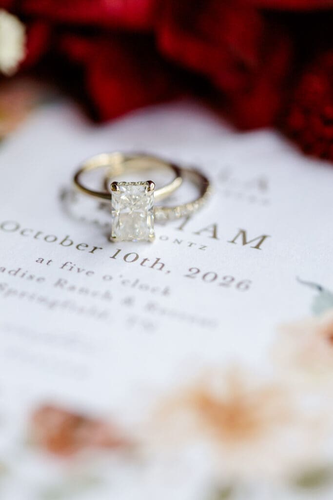 Bridal rings photographed at a Paradise Ranch and Retreat wedding