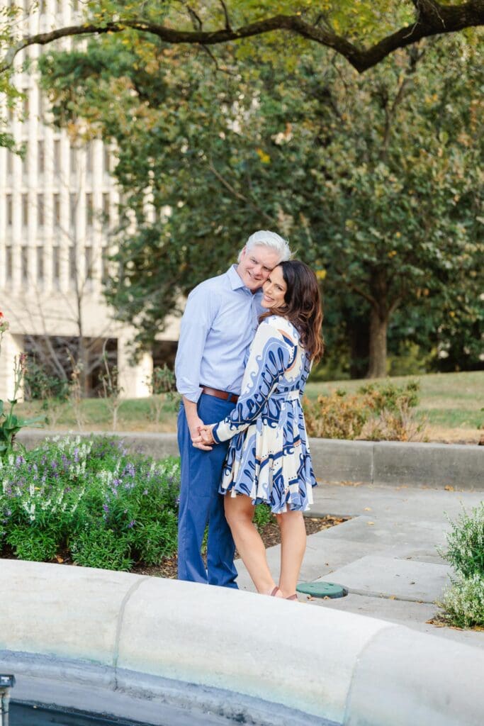 Engaged couple embracing during their Downtown Nashville session