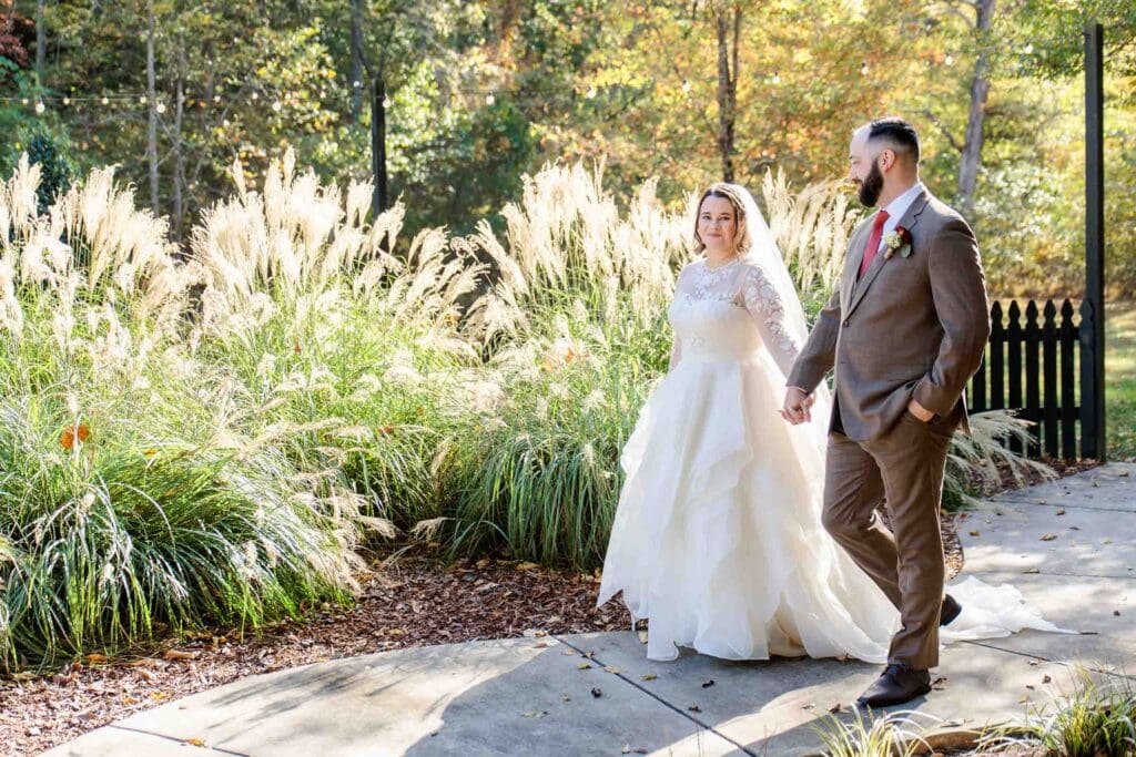 Bride and groom walking at Firefly Lane near Nashville