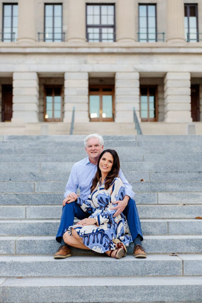 Engaged couple on the steps of the Tennessee capital building